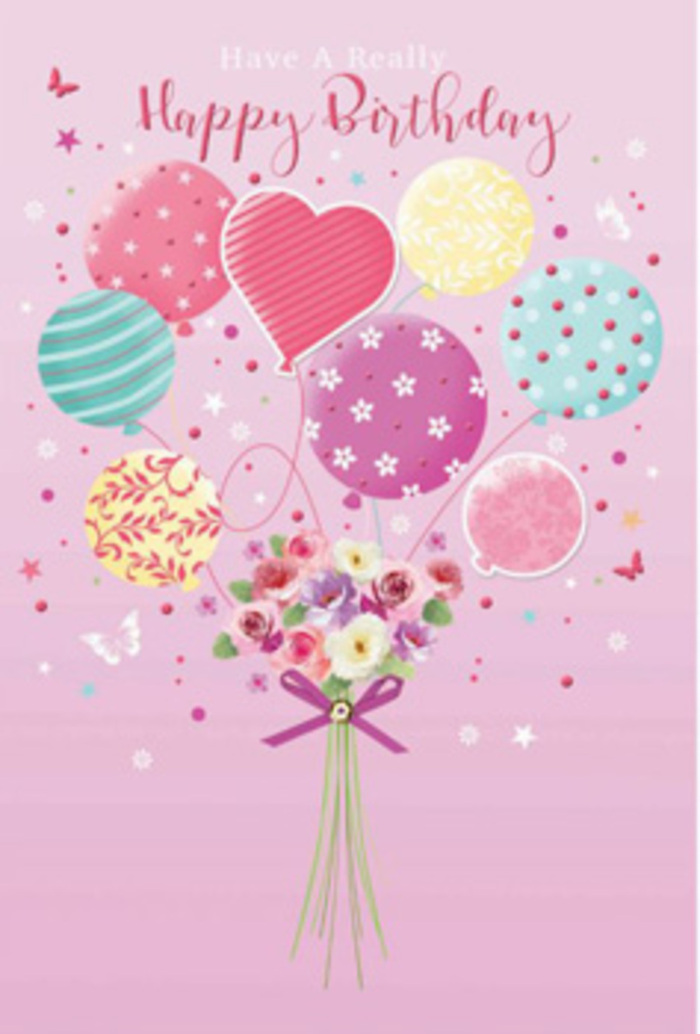 In this enchanting birthday card design, a floating medley of flowers and balloons paints a picture of gentle jubilation, like a celebration unfolding above the leafy streets around Tufnell Park. The background is a refined blush pink, soft and even, giving the impression of early morning light before the day grows busy. Rising from the lower centre, balloon shapes in pale sunshine yellow, rosy fuchsia, lavender, and cool mint green cluster together, their pastel tones harmonising the way house fronts do along Dartmouth Park Hill. Each balloon carries its own character: some glow with subtle stripes that twist around the curve, others are sprinkled with tiny dots or stylised floral motifs, as if decorated by hand for a loved one's birthday. Where all the thin, trailing strings converge, a small but beautifully formed hand-tied bouquet anchors the scene. Petite rose-like flowers mix with soft, daisy-style blossoms, their petals shaded from creamy ivory through blush pink to rich rose tones, as though kissed by first light in a Tufnell Park window. Their texture looks plush and layered, suggesting the fullness of fresh, carefully conditioned stems. A neat purple bow gathers the stems together, its satin sheen highlighted in places to show folds and loops. Around the arrangement, hints of whimsical detail-tiny star shapes and flutter-like accents-add to the daydream quality, evoking butterflies drifting through a hidden garden off Lady Somerset Road. The whole composition feels thoughtful and expertly balanced, a birthday image that whispers happiness, closeness, and the simple joy of receiving flowers and balloons from someone who truly cares.